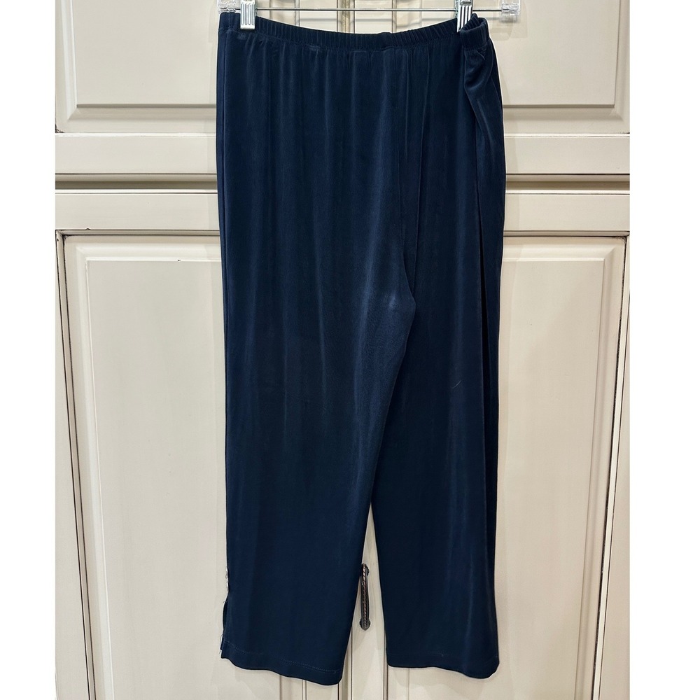 Chico's Travelers Navy Blue Cropped Pants Elastic Waist Button Hem Size 1 M